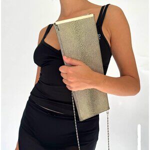 80s vintage gold reptile snake print retro long envelope clutch bag with chain